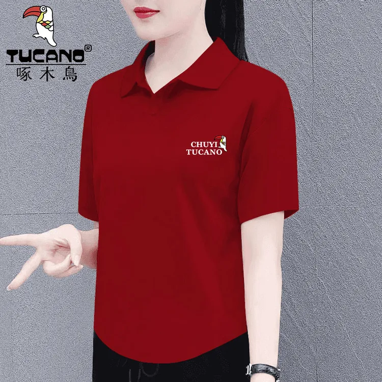 啄木鸟中老年妈妈短袖t恤女洋气印花上衣夏装百搭新款翻领POLO衫