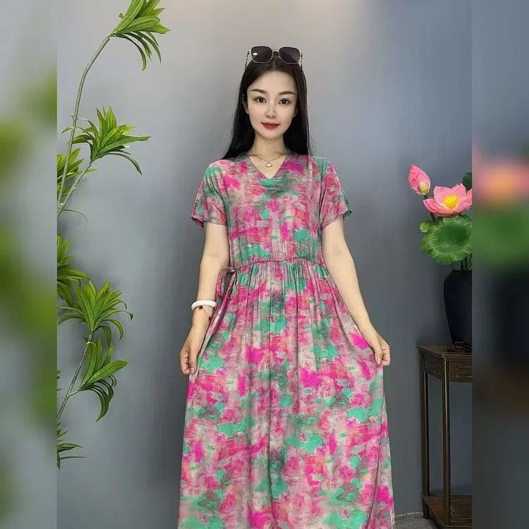 【贡缎】新款棉绸连衣裙夏季宽松短袖显瘦遮肚宽松连衣裙收腰