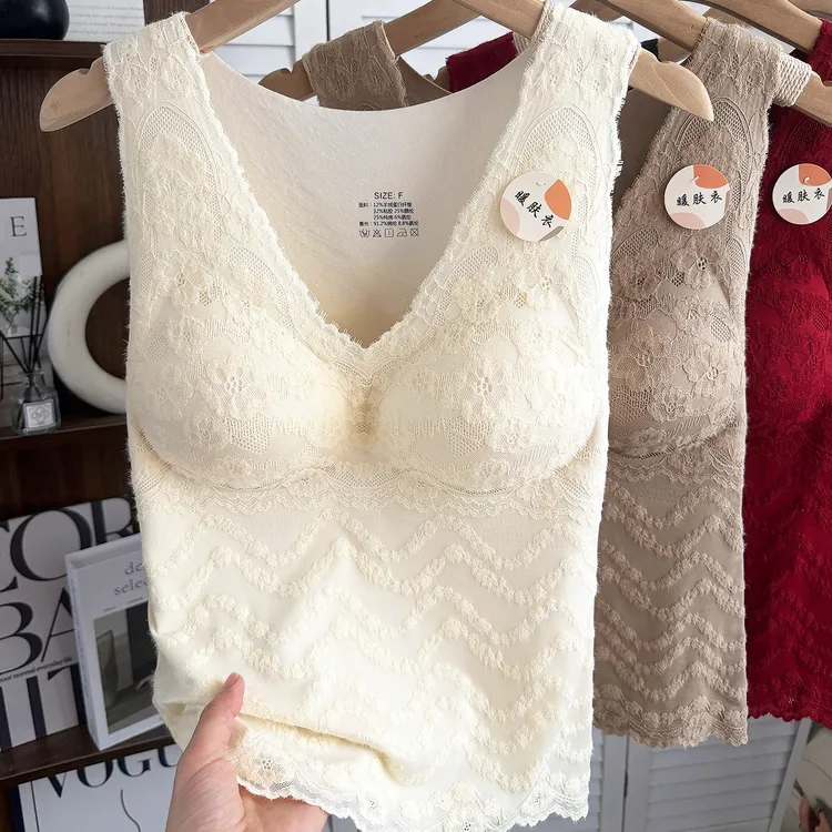 蕾丝磨毛保暖背心女2025新款内搭打底无袖上衣带胸垫文胸一体内衣