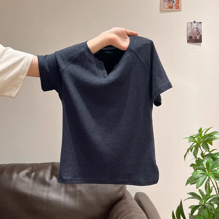 美式掐腰修身显瘦纯色v领短袖T恤女2025年夏季竹节肌理感百搭上衣