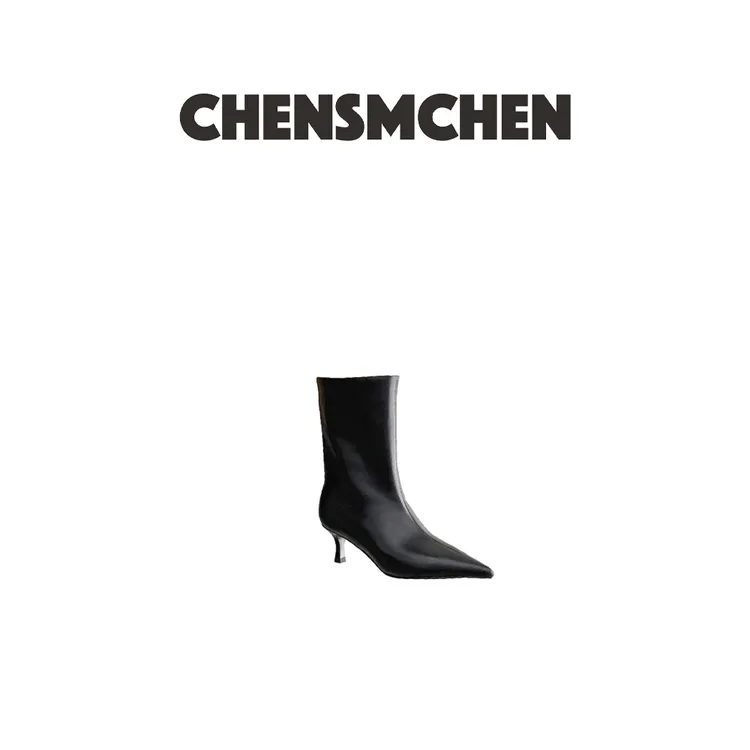 CHENSMCHEN 轻奢小皱牛油皮尖头细跟秋冬复古黑色时装靴8021