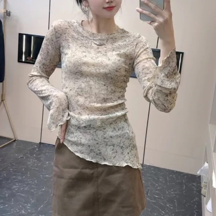 碎花纯欲风不规则设计T恤秋季耐脏长袖美拉德风秋季新款洋气百搭