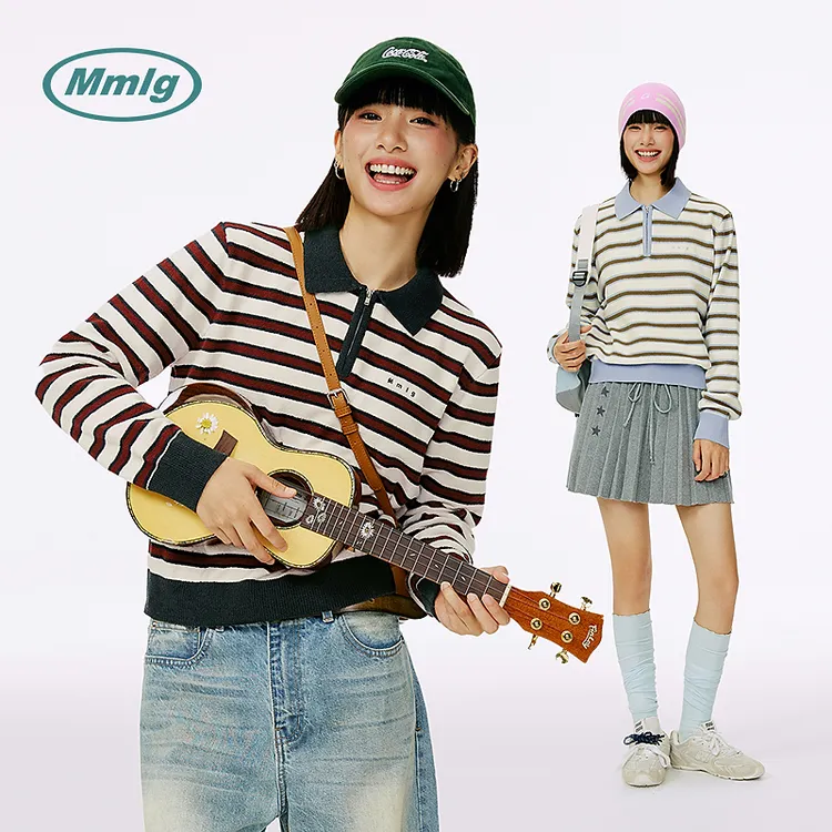 MmlgPolo领条纹毛衣女版早秋新款修身百搭韩系休闲短款上衣FQE010