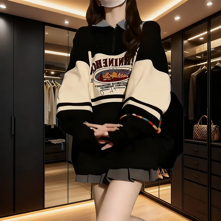 加绒大码300斤拼接polo领卫衣男女日韩宽松vintage休闲情侣外套潮