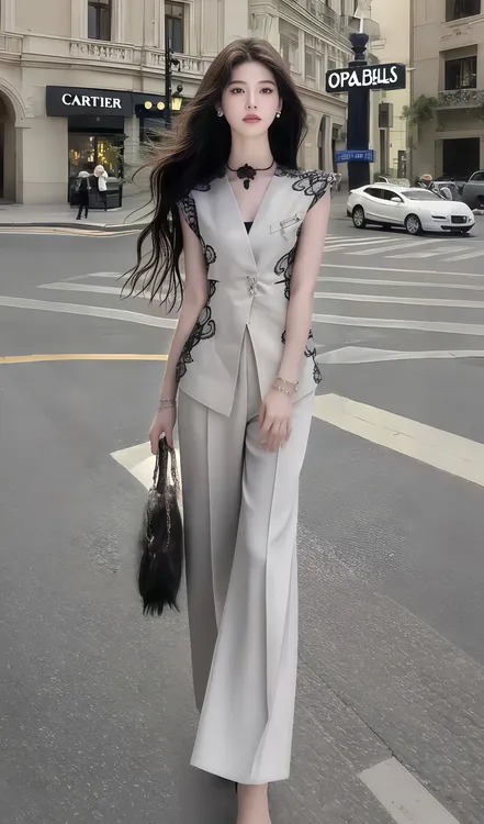 新款时尚灰色V领无袖修身上衣+灰色休闲百搭显瘦长裤女氛围感套装