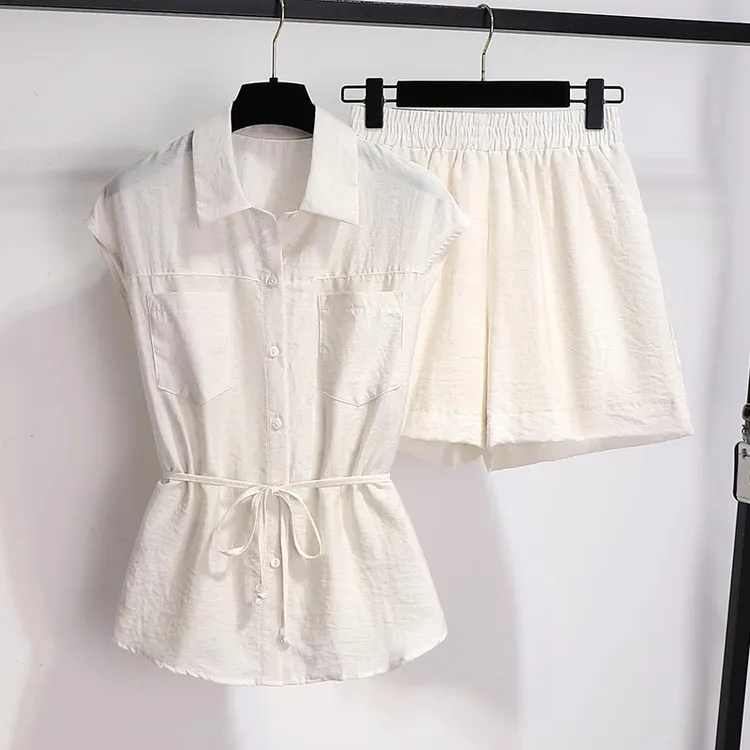 拉夏贝尔无袖麻料衬衫套装女2025夏季新款显瘦气质夏日短裤两件套