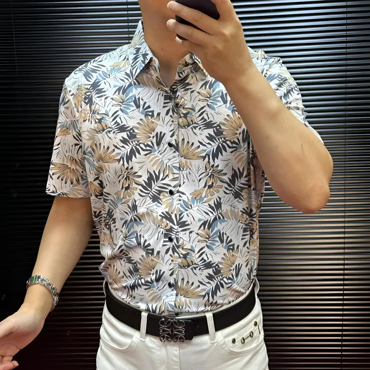 FLD甄选冰丝无缝免烫高弹力高品质印花休闲短袖衬衫3024