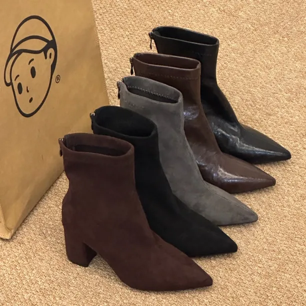 晚睡兰•内增高11cm小个子方头瘦瘦靴女韩系粗跟加绒面尖头短筒靴