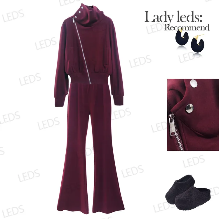 LEDS S786【时尚辣妹】冬季加厚大立领高腰微喇长裤套装女款