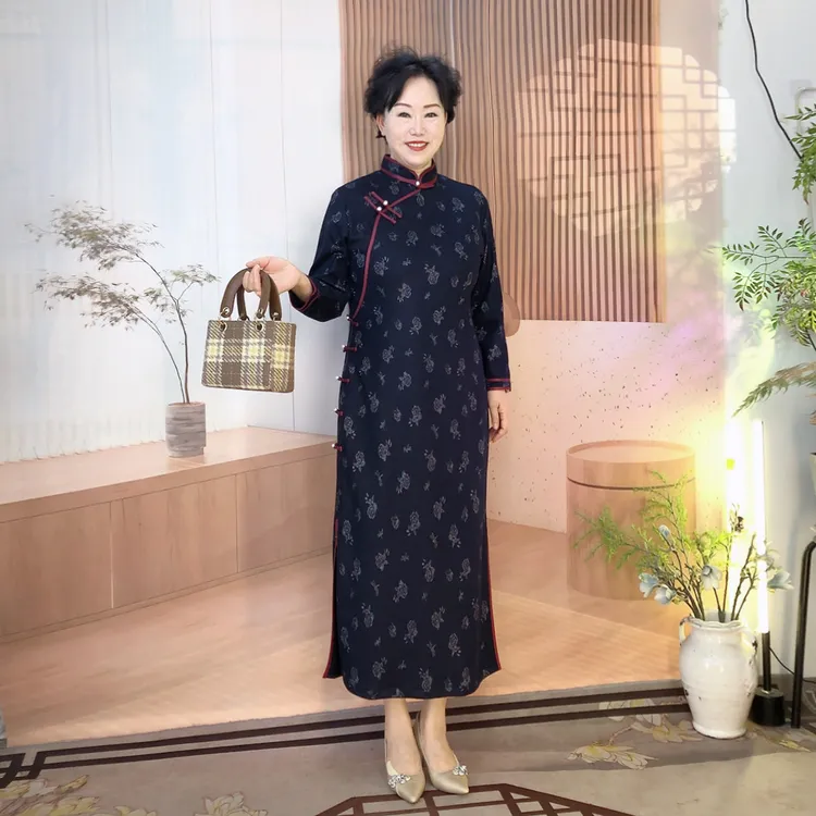 【蓝色玫瑰】秋冬季新款大码旗袍气质长袖网红复古国风毛料显瘦