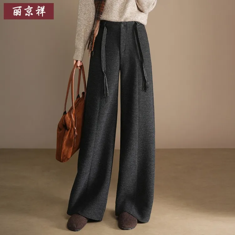 加厚羊毛呢阔腿裤女秋冬2025年新款高腰宽松胖mm裤子直筒休闲长裤