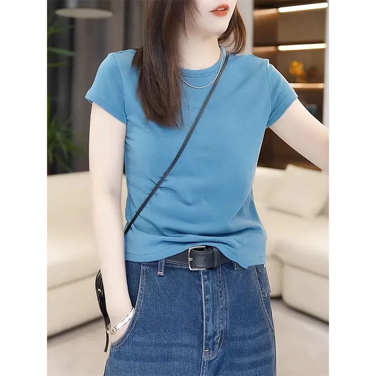 美式短袖正肩女t恤2025夏季新款修身显瘦基础款圆领百搭蓝色上衣