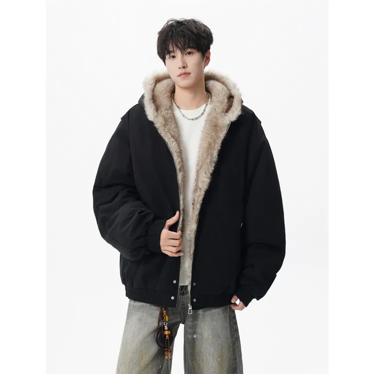 秋冬季大毛领座山雕加绒连帽棉服男士情侣保暖棉衣宽松加厚棉袄潮