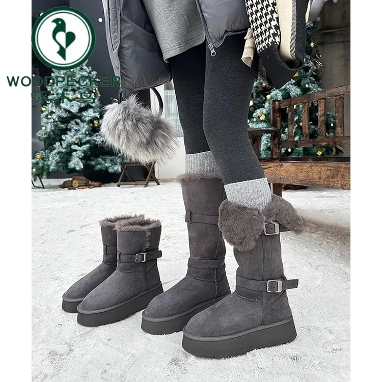 啄木鸟厚底长筒雪地靴女2025新款冬季加绒加厚抗寒东北雪地棉靴子