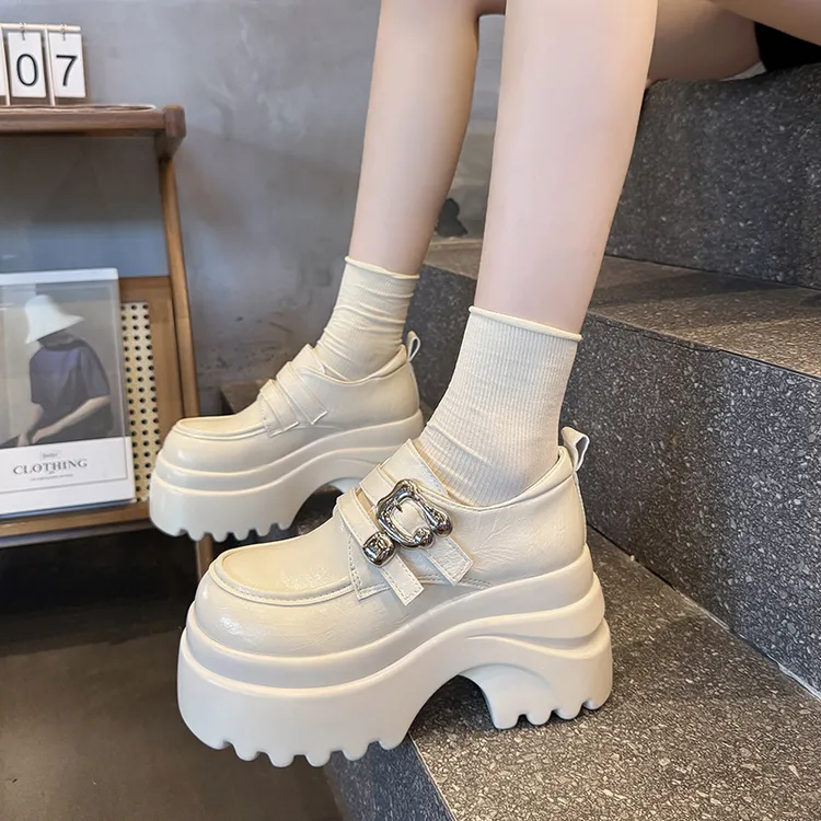 厚底增高小个子乐福鞋女2025新款鞋子秋季女款松糕底魔术贴小皮鞋