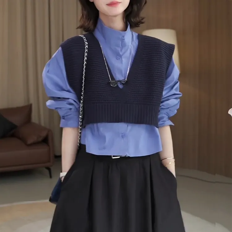 设计感时尚套装女2025春秋新款半高领长袖衬衫叠穿针织马甲两件套