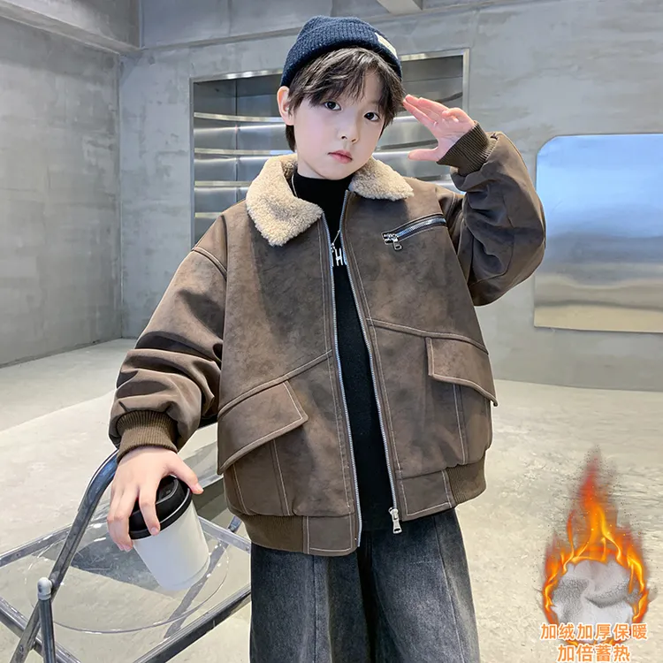 儿童装男童冬装皮衣夹克外套2025新款大童秋冬款加绒加厚冬季棉服