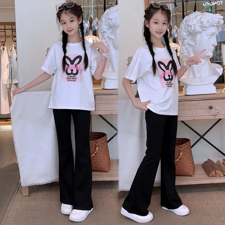 女童套装2025夏季中大童韩版休闲短袖T恤学生薄款微喇裤子两件套