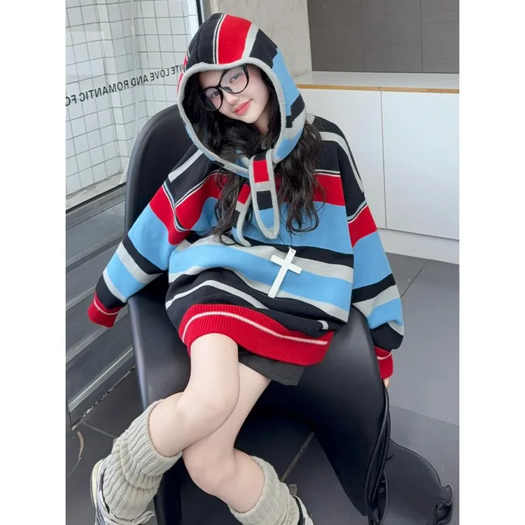 女童毛线外套春秋装新款女孩时髦洋气中大童条纹连帽儿童针织毛衣