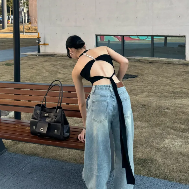 YIDENG夏季修身后背绑带镂空黑色挂脖辣妹气质性感无袖美背吊带女