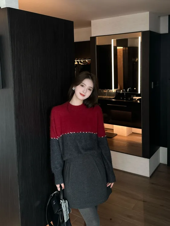 LUOZHIYIN/罗知音秋冬季过节氛围感气质撞色设计师款毛衣R123667W