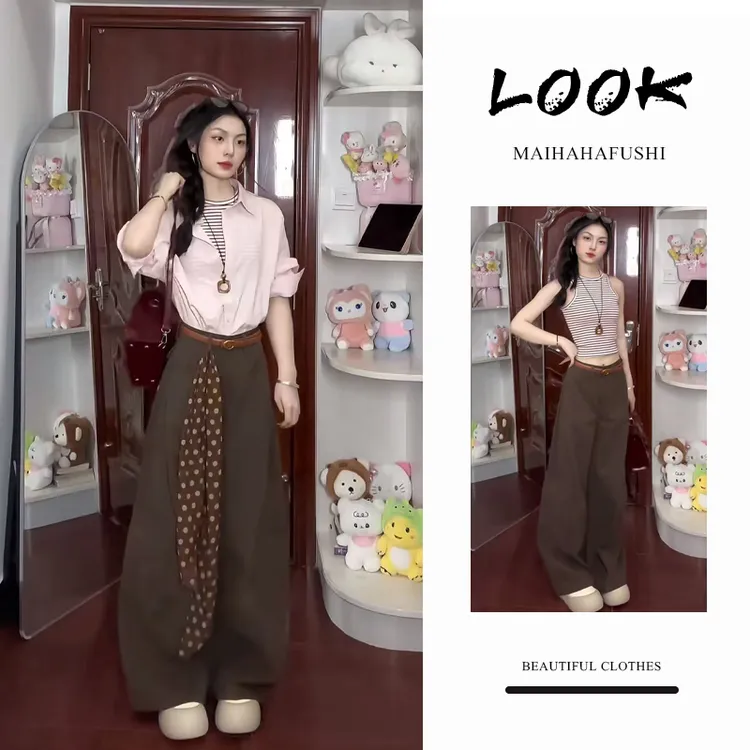 夏季时尚一整套女2025新款复古防晒衬衫条纹无袖背心阔腿裤三件套