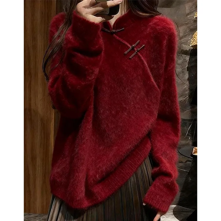 新中式国风毛衣女款2025新款红色高级感针织可外穿内搭上衣女秋冬