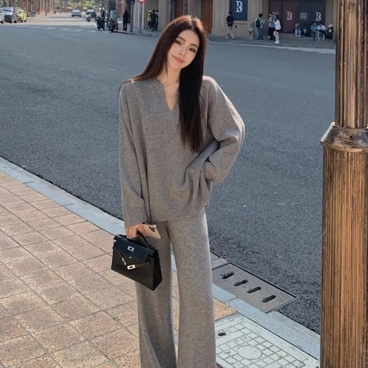 秋冬套装女V领针织阔腿裤羊绒衫宽松显瘦时尚两件套慵懒风ins