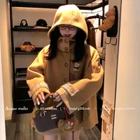 Acaine卡其中长款格子连帽毛呢大衣女韩系冬季小个子新款外套1518