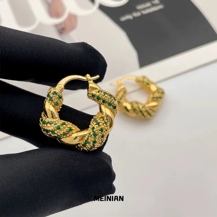 铜合金耳饰 欧美ins绿色高级感麻花耳环轻奢复古耳钉独特耳扣耳饰