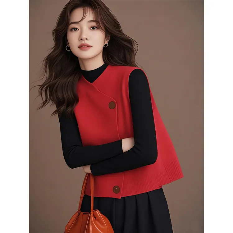 本命年新年衣服新中式红色盘扣针织马甲叠穿内搭高级感上衣女春秋