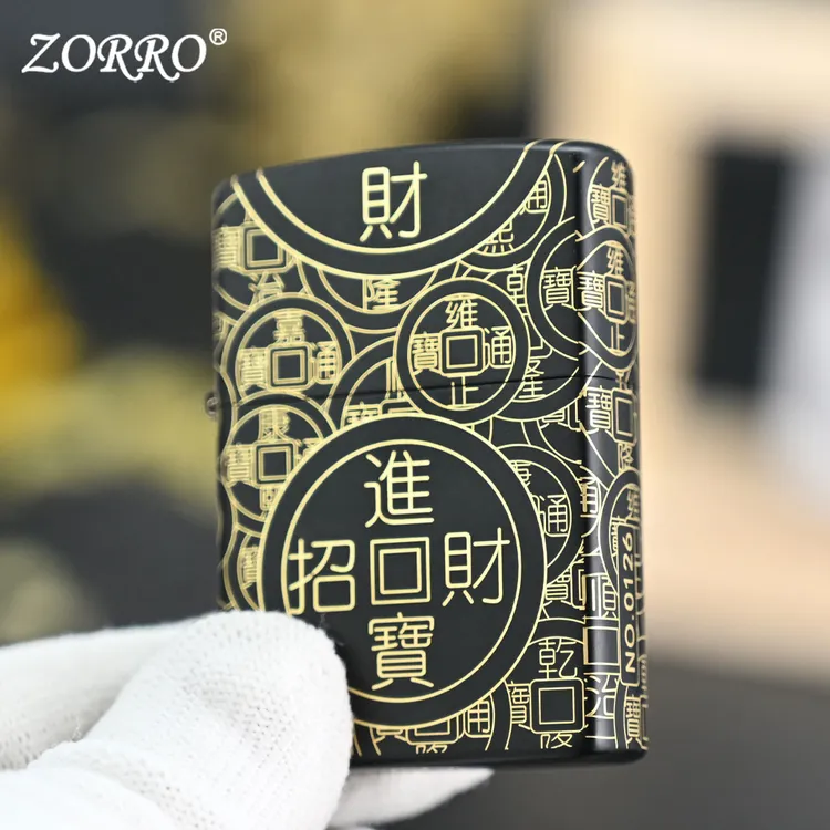 佐罗煤油防风打火机Z902-HQSGB原铜黑漆五帝钱男士简约定制送男友