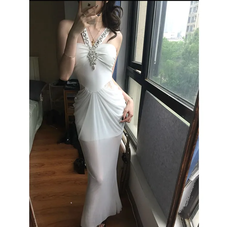 夏季新款重工镶钻吊带连衣裙女网纱拼接收腰鱼尾裙子纯欲修身包臀