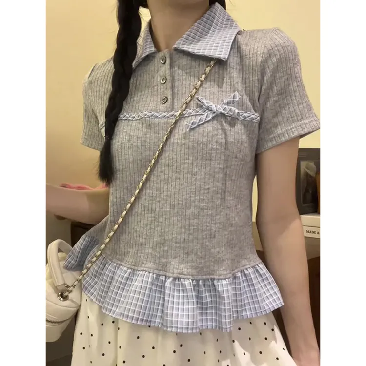 夏季新款t恤女韩版淑女风拼接格纹polo领设计感百搭修身短款上衣T