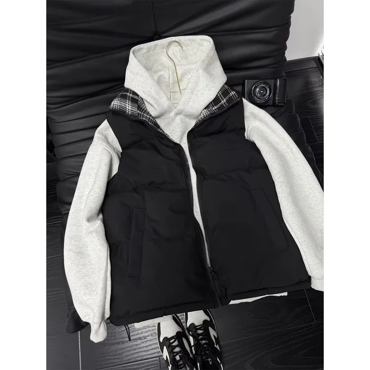 美式格子拼接棉服马甲男女秋冬款坎肩立领复古棉衣外套情侣潮衣