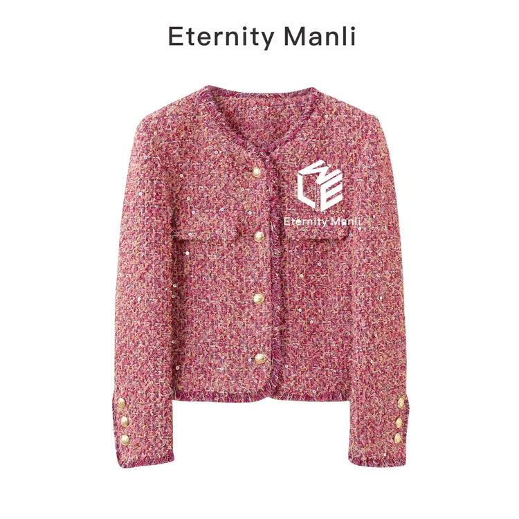 【昼夜玫瑰】秋冬重工花瓣直下摆圆领百搭短外套长袖时尚粗花呢9055