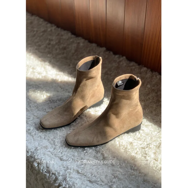 DH 大花 韩系复古方头羊京绒面百搭粗跟短筒靴女秋冬