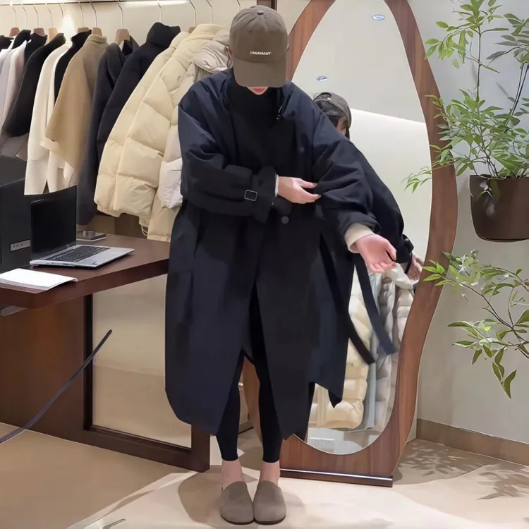 秋季新款时尚百搭翻领长款风衣女2025大码女装mm宽松显瘦棉服外套