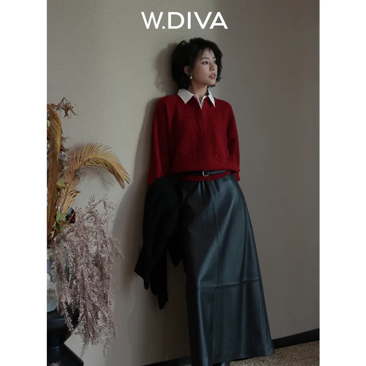 W.Diva【暗曳】法式极简高级清冷感松紧腰绵羊皮半身长裙54K033301
