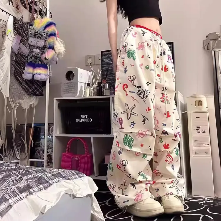 美式复古彩色涂鸦工装裤女宽松设计感垂感拖地夏季阔腿裤潮薄款
