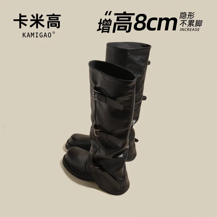 8CM内增高时尚靴2025秋季新款皮带扣英伦风百搭瘦瘦靴高筒骑士靴
