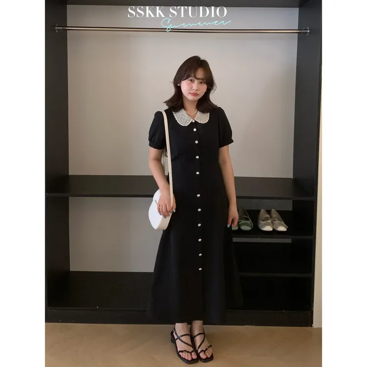 KMZY/KMZY山_山【仁川欧尼】微胖赫本风气质钉珠翻领系腰带连衣裙女