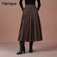 Fabrique Yehudit 秋冬勃艮第红绵羊毛苏格兰格纹围裹式百褶半裙
