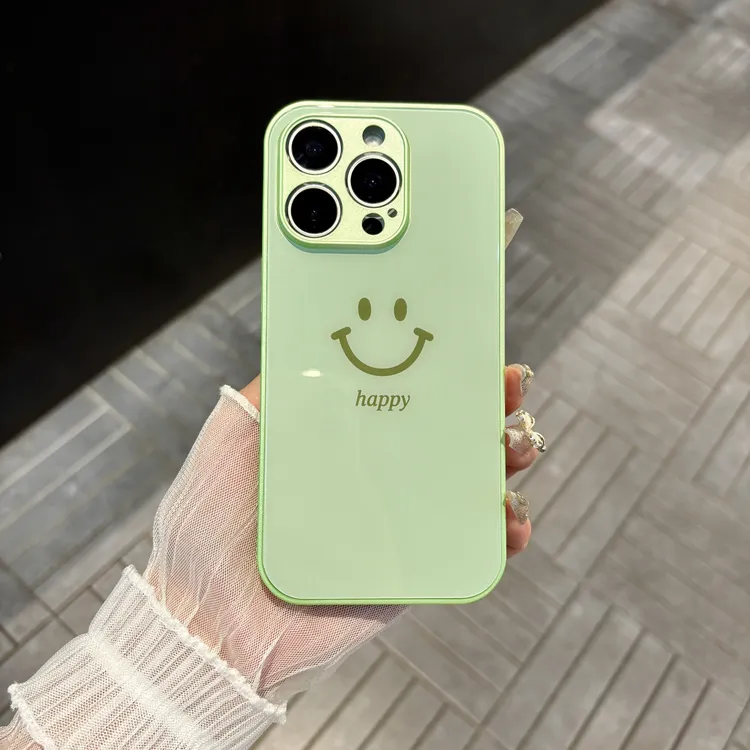苹果/华为/oppo/vivo/小米 Happy笑脸适用iPhone16/17玻璃手机壳