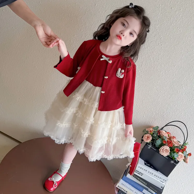 洋气女孩公主连衣裙俩件套开衫女童宝宝春秋时尚卡通周岁礼服衣服