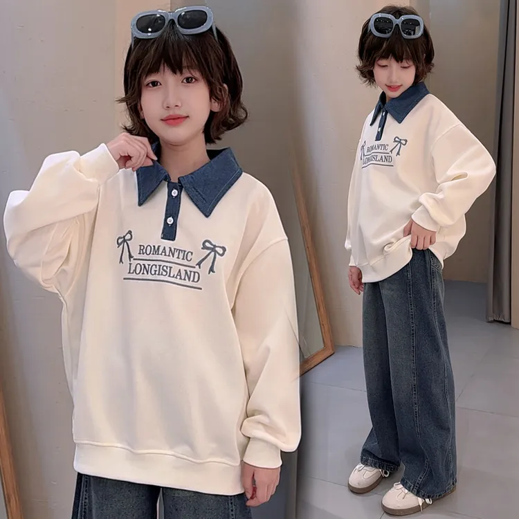 2025女中大童蝴蝶结卫衣直筒牛仔裤时尚简约韩版大气款休闲风春秋