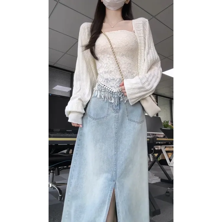 法式流苏蕾丝抹胸背心女外穿蝙蝠衫高腰开叉直筒a字牛仔裙套装