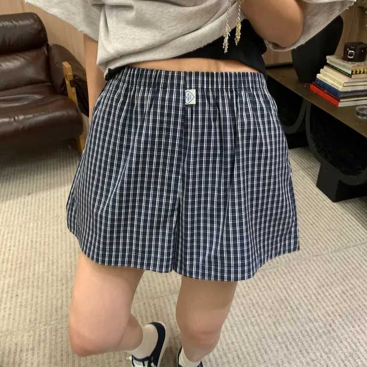 Byjunjun 【爱心格子】短裤韩国定制面料松紧腰显瘦三分裤C25K5552