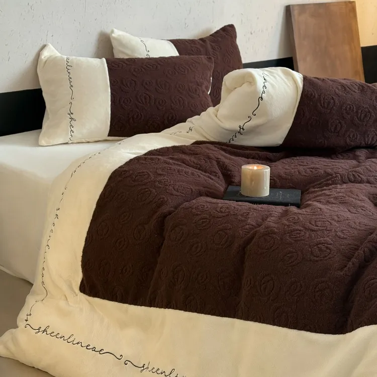 巢尔【安缇】加厚加绒被套牛奶绒四件套简约玫瑰花秋冬保暖床单床品