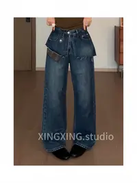 X.x早秋新款小众个性开叉腰封假两件拼子直筒牛仔裤女1000